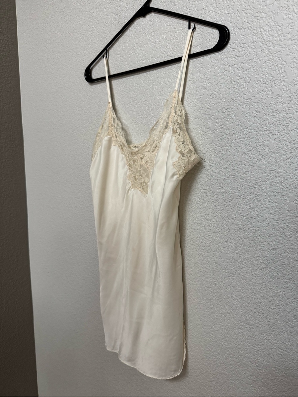 Vintage 90s Satin Lace Trim V Neck Mini Slip Dress Ivory Women’s S Y2K Lingerie